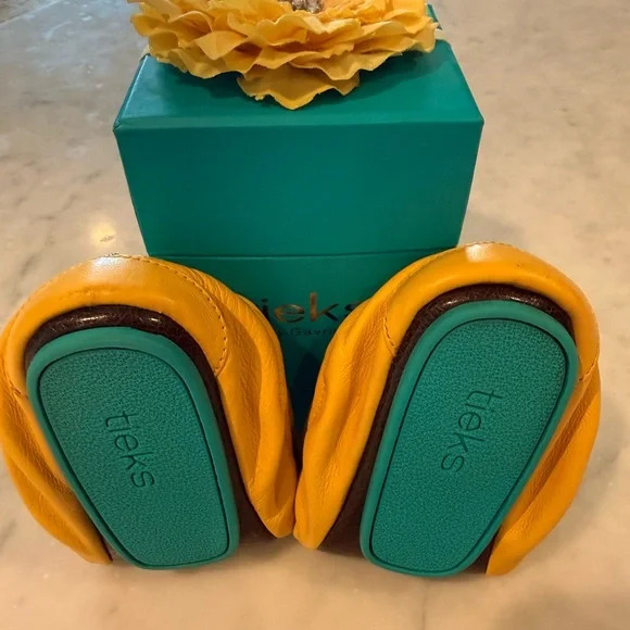 Tieks Mustard Yellow Flats with Teal Accent - Picture 2 of 5